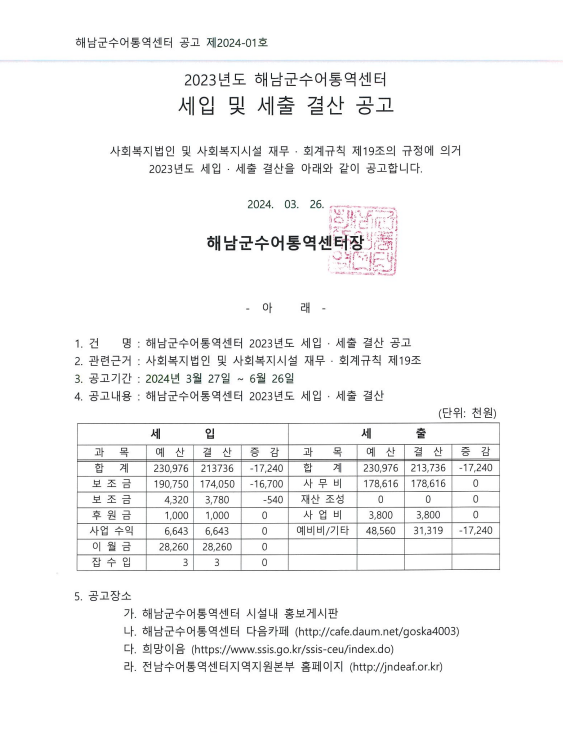 2023년도 해남군수어통역센터 세입 및 세출 결산 공고.PNG