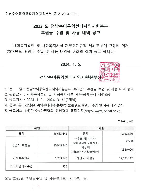 2023년 후원금 세입.세출 결산 공고.png
